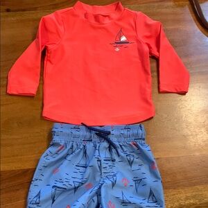 Kids Swim Set - Coral and Blue Sailboat Design 9 months
